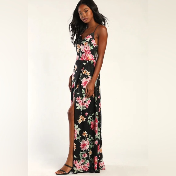 NWOT Love of Romance Black Floral Flowers Print Satin Cowl Neck Maxi Dress L - Picture 3 of 9